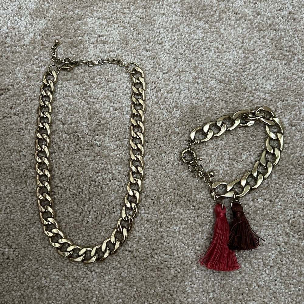 H&M Chic Gold Chain Necklace and Bracelet Set with Tassels